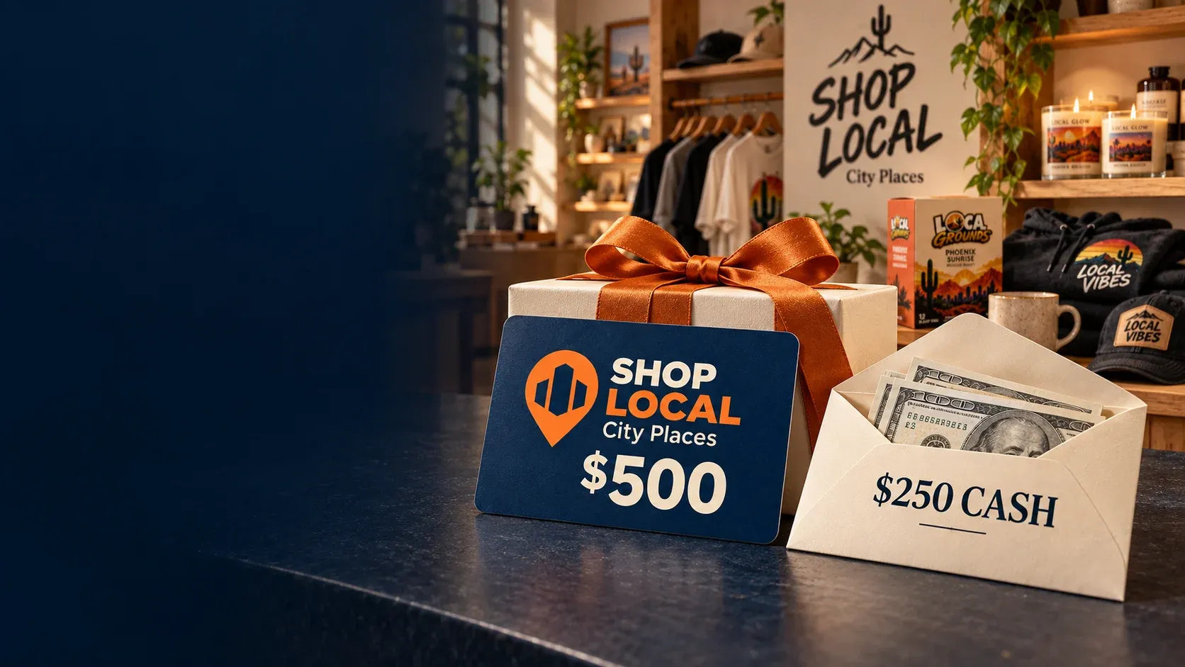 $500 SHOP LOCAL Minnesota Places gift card and $250 cash envelope in front of a SHOP LOCAL store and product display.